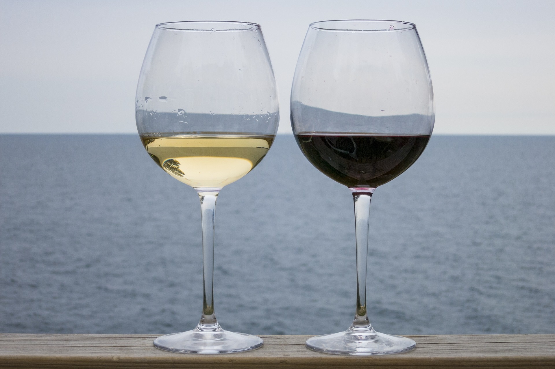 två glas vin, ett med vitt och ett med rött vin, står på ett räcke med havet i bakgrunden